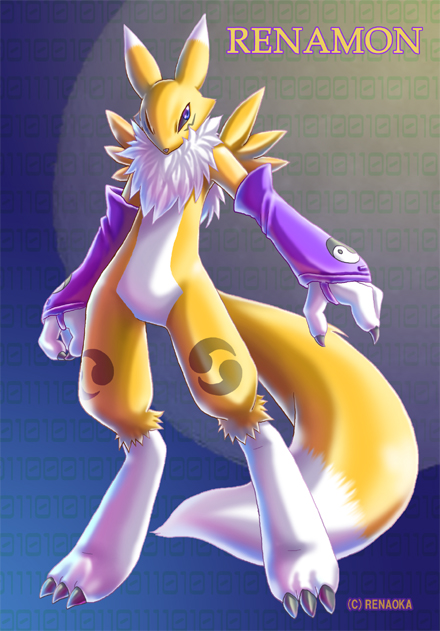 big_ears bushy_tail canine chest_tuft digimon female fox purple_eyes renamon renaoka simple_background solo standing tail yin-yang