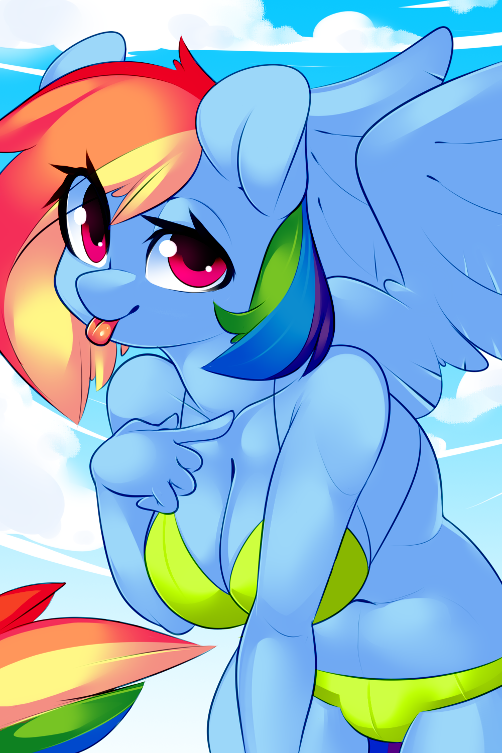 2019 amberpendant anthro bikini breasts clothed clothing digital_media_(artwork) equine female friendship_is_magic hair mammal my_little_pony outside pegasus raibow_dash_(mlp) simple_background smile solo swimsuit wings