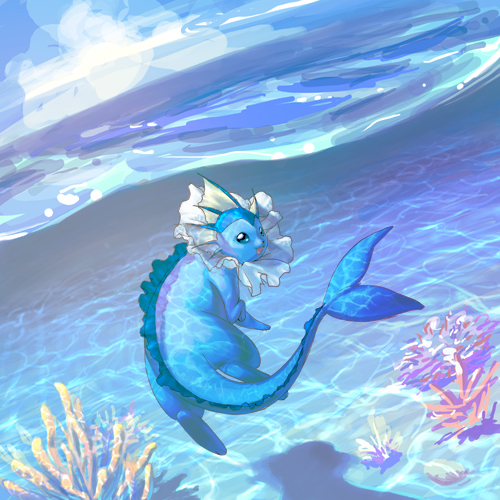 caustics coral day dutch_angle ein_lee from_behind gen_1_pokemon looking_at_viewer looking_back lowres no_humans ocean ocean_bottom partially_underwater_shot pokemon pokemon_(creature) shadow smile solo submerged swimming tail vaporeon