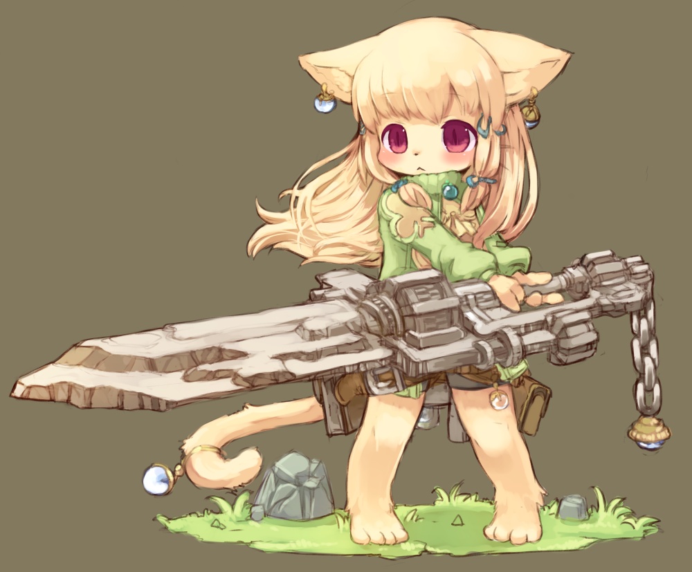 animal_ears blonde_hair blush commentary_request full_body furry kishibe long_hair original red_eyes simple_background solo tail weapon
