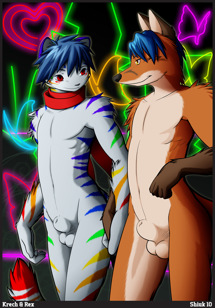 &hearts; 2010 blue_hair butterfly canine cat feline fox gay hair hand_holding looking_at_each_other male multicolored_stripes neon_lights rainbow rainbow_stripes red_eyes sheath shiuk stripes tail white yellow_eyes