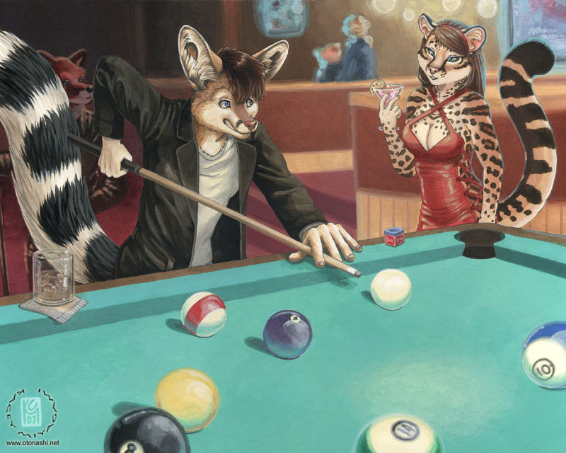 bar canine cleavage distracted drink feline female fennec fox indoors jacket jock kacey leopard male pool_table tiger