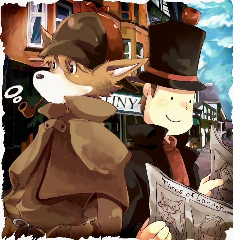 apple canine hat inumimi-syndrome london pipe professor_layton sherlock_hound smoking street top_hat trench_coat