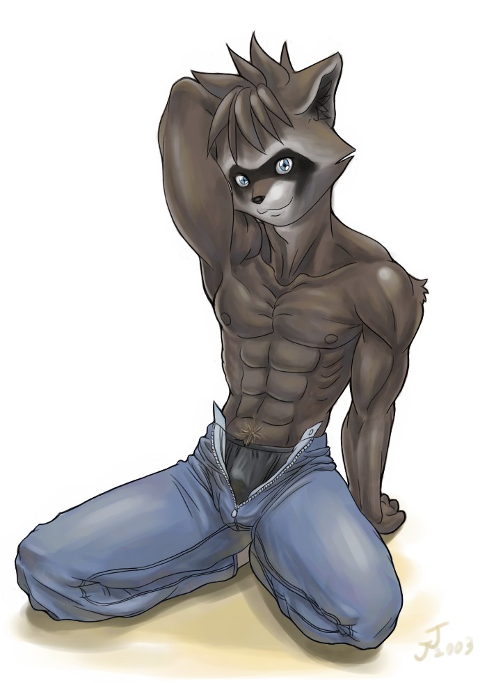 blue_eyes blue_jeans boxers male muscles pants pose raccoon smile solo underwear