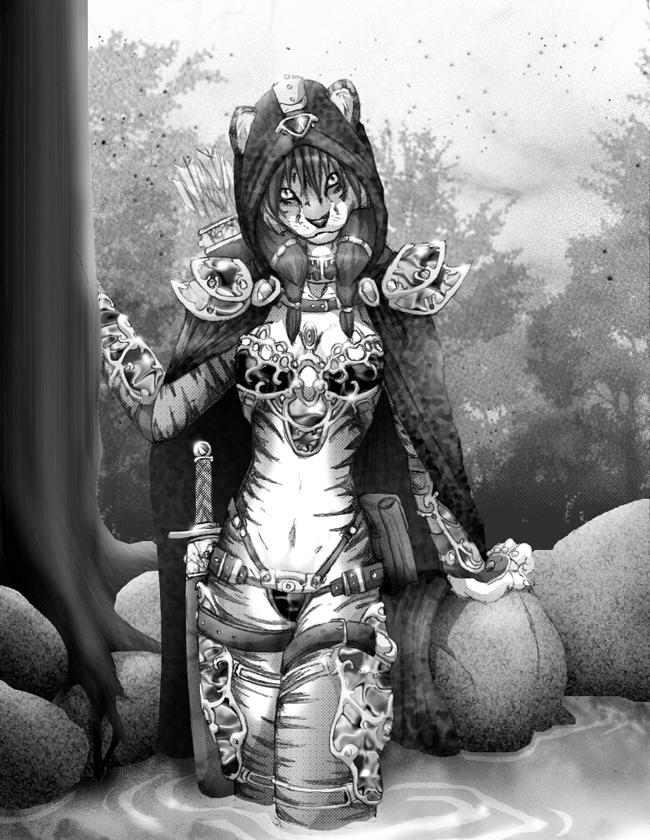bag cape feline female greyscale hunter looking_at_viewer outside quiver snowroserivenstar solo standing sword tiger tribal unconvincing_armour water weapon