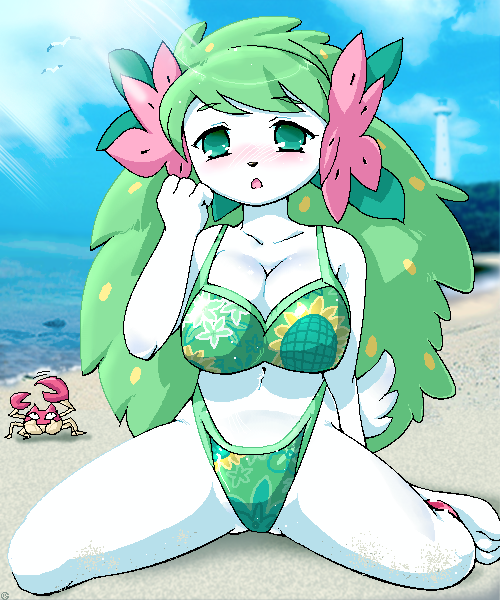 aliasing barefoot beach bikini breasts crab feet female furry g-sun green_hair krabby large_breasts looking_at_viewer open_mouth paws personification pok&eacute;mon pok&eacute;morph pokemon sand seaside shaymin spread_legs swimsuit toes water white_skin