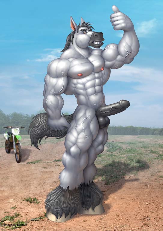 balls big_balls braford desert equine flexing hooves horse male motorcycle muscles nude penis solo tail thumbs_up