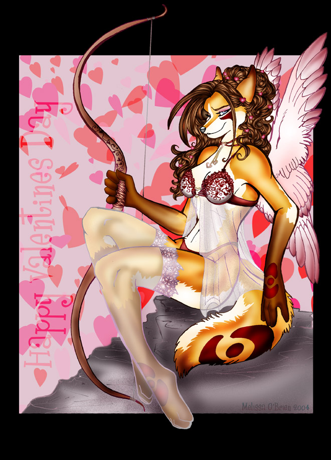 &hearts; angel bodypaint bow_(weapon) bra breasts brown_hair canine cupid cute female fox frisket hair lingerie melissa_o'brien panties smile solo stockings tail translucent underwear valentines_day wings