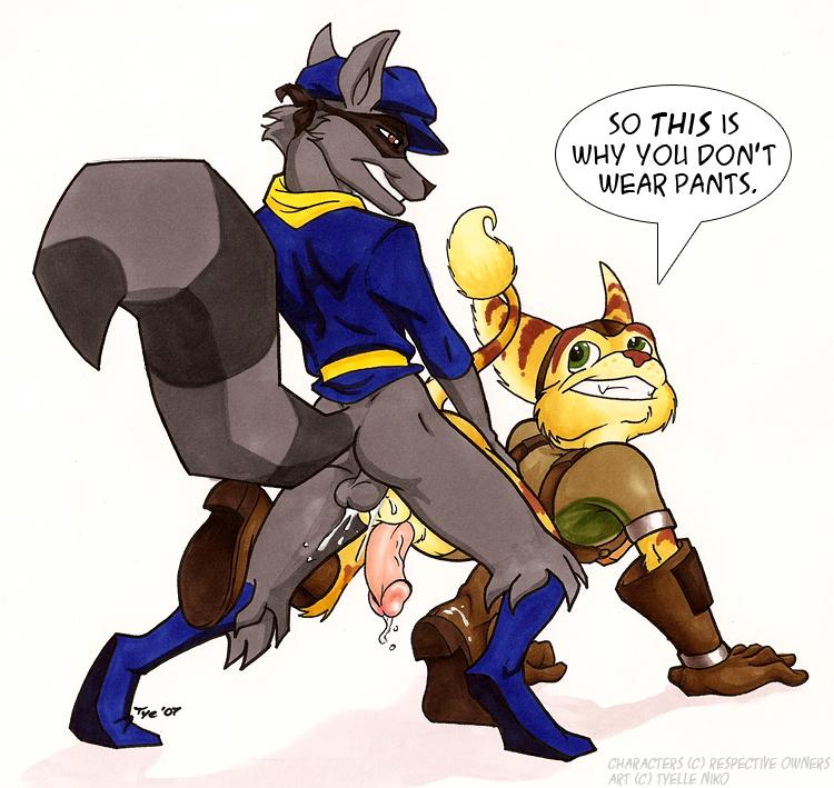 balls balls_touching brown_eyes doggy_position fanart gay green_eyes humanoid_penis looking_at_each_other male penetration penis raccoon ratchet sheath sly_cooper tyelle_niko