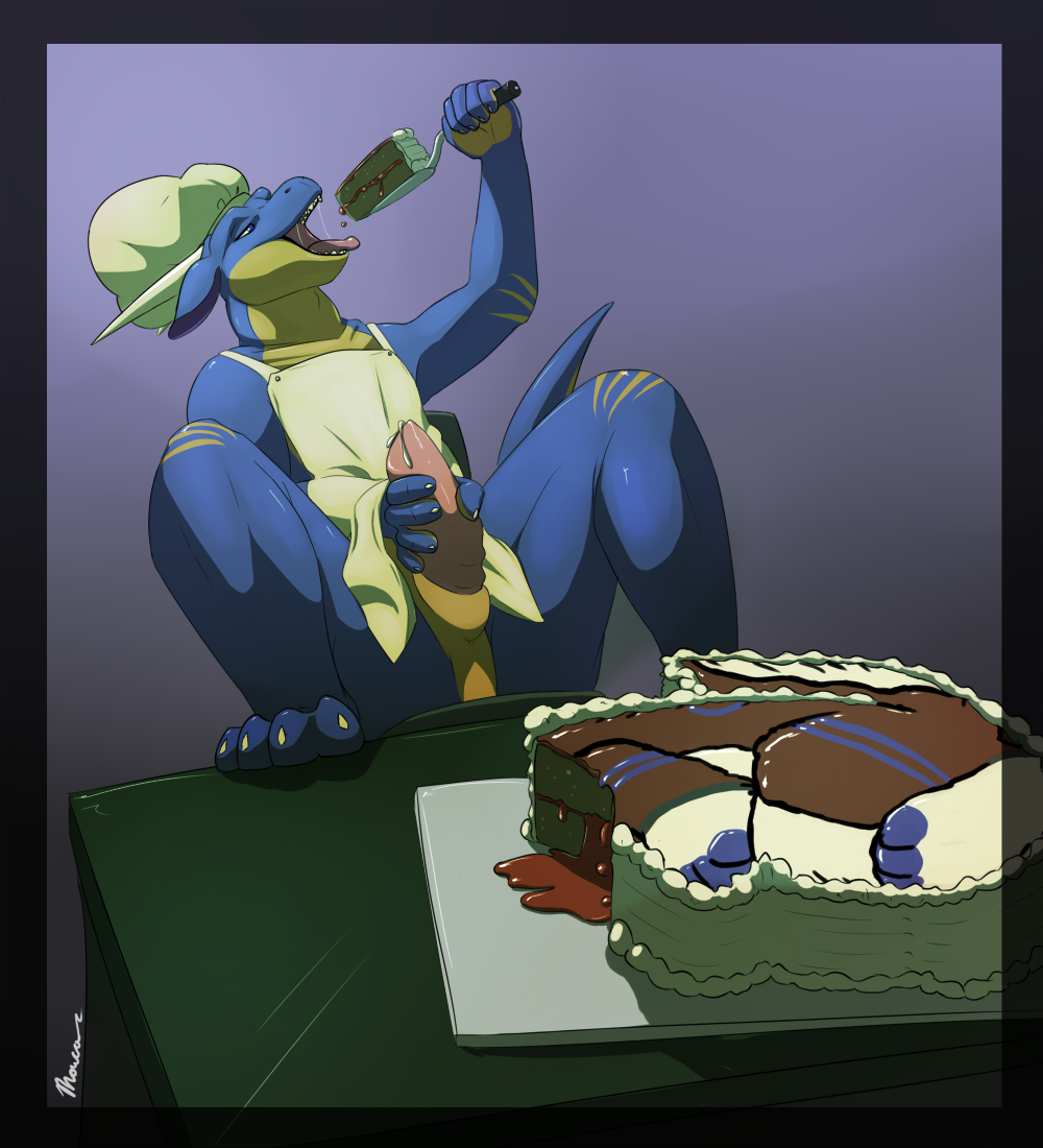 apron cake cum dragon drool eating food hat morca_(artist) penis saliva scalie