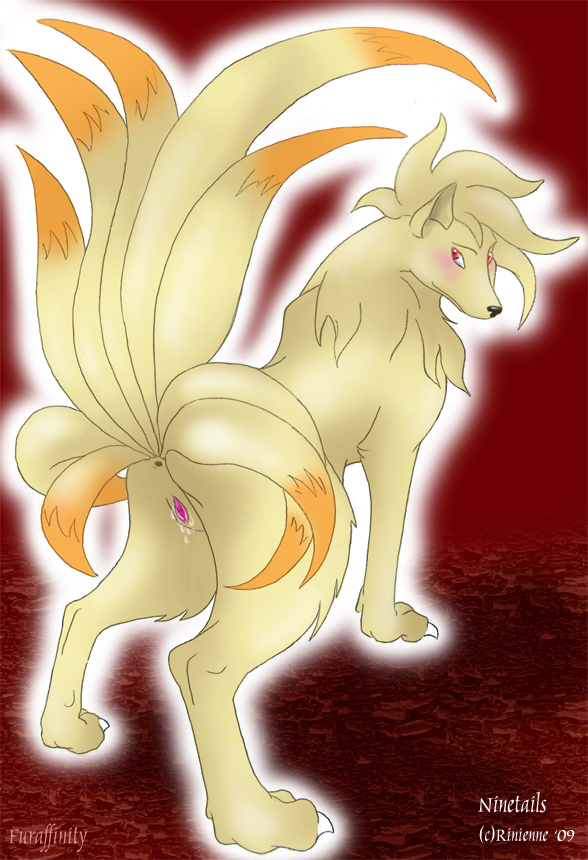 anus blush canine female feral fox kitsune looking_at_viewer multiple_tails ninetales pok&eacute;mon presenting pussy pussy_juice raised_tail rinienne solo tail wet