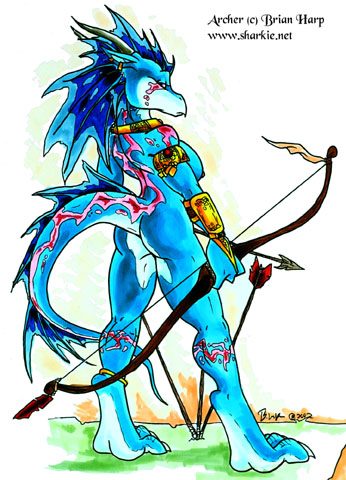 archer arrow blue bow breasts brian_harp butt dragon female nude scalie side_boob solo tail