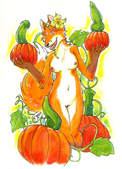 2006 breasts canine dildo female flower_in_hair fox nude pumpkin pussy sex_toy solo uaykan vegetable
