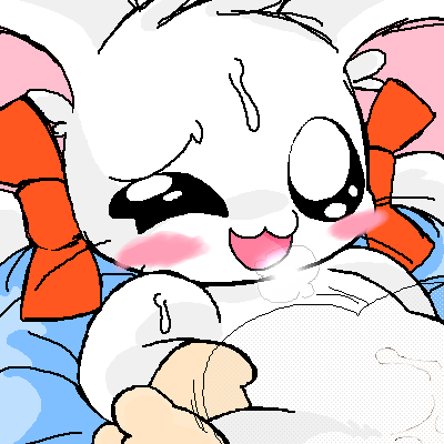aliasing big_ears bijou blush bow cum female feral hair_tuft hamster hamtaro_(series) lying mammal on_back one_eye_closed open_mouth pigtails ribbons rodent sheets solo steam sweat unknown_artist