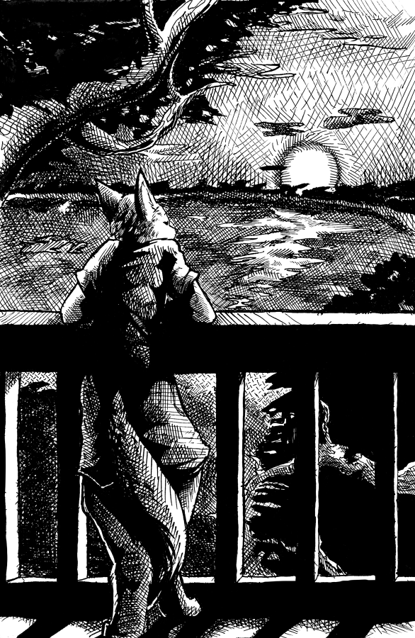 2010 background balcony black_and_white blue-paper canine crosshatching fox high_place landscape male monochrome sunset