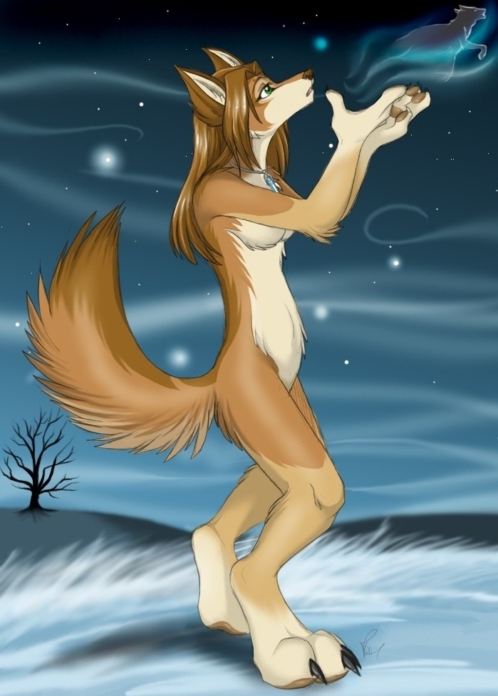 breasts butt canine dog female hair husky husky_kei keihound long_hair long_orange_hair northern_lights nude open_mouth orange_hair raised_tail solo standing tail