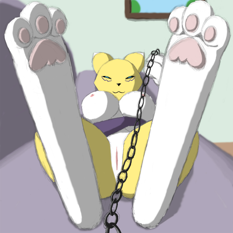 :3 breasts canine chain digimon female fox hindpaw looking_at_viewer pussy renamon solo unknown_artist