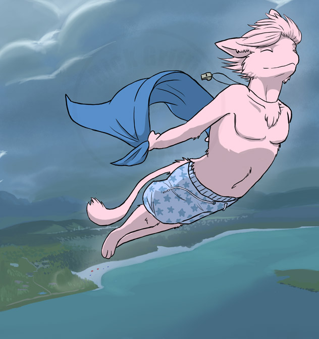 2009 3_toes anthro clothed clothing cloud eyes_closed flying fur hair holding_object legendary_pok&eacute;mon male mew nintendo outside pink_fur pink_hair pok&eacute;mon pok&eacute;mon_(species) rick_griffin solo toes topless underwear video_games water watermark whistle