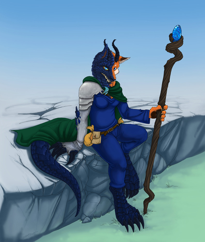 background belt blue_eyes canine cape chain_mail claws clothed color crystal dragon ears eyes female fox frost fur hindpaw horns hybrid pants polearm pouch scales scalie sefeiren shirt sitting solo staff tail teeth zerika