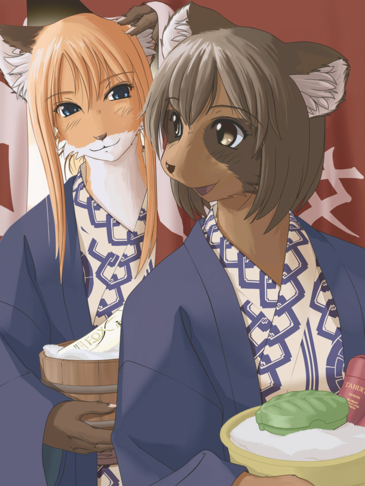 2girls :3 blue_eyes brown_eyes brown_hair bucket canine clothed couple ear_tufts female fox furry hair japanese japanese_clothes long_hair looking_at_each_other multicolored_hair multiple_girls orange_hair short_brown_hair short_hair smile tanuki towel yosuke7390 yosukemo