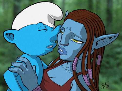 alien avatar crossover female james_cameron's_avatar kissing male na'vi pointy_ears smurf straight the_smurfs unknown_artist