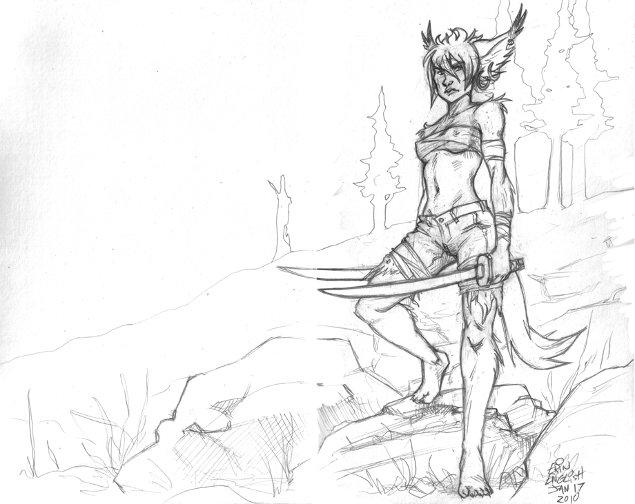 background breakbot ear_piercing ear_tufts earring feline female hillside humanesque_face midriff outcrop pancheir pencils piercing shorts sketch solo sword torn_clothing tough weapon