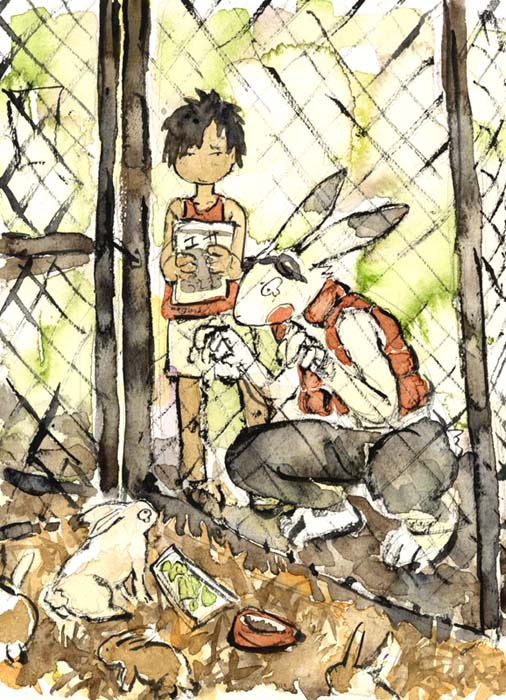 anthro cage child fence furries_with_pets goggles human king_kazuma lagomorph mutsukemo oh_no paws pet rabbit salad summer_wars