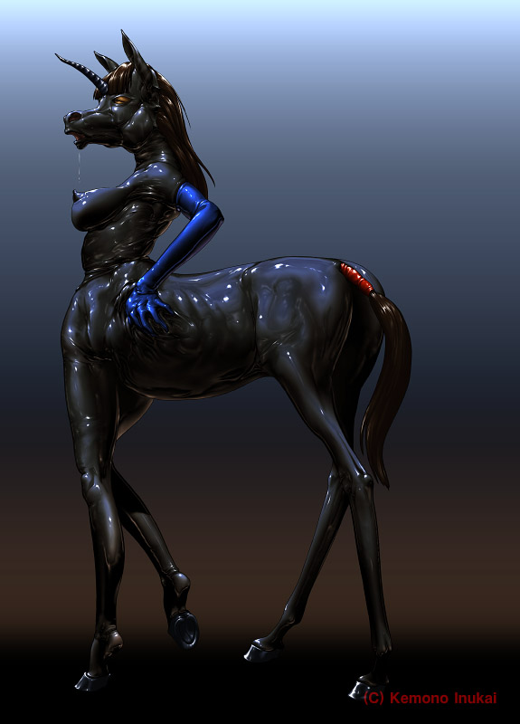 black bodysuit breasts centaur equine female hooves horns horse kemono_inukai latex nipples shiny skinsuit solo tail taur
