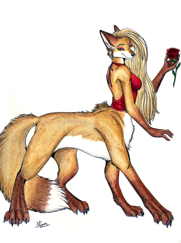 blonde_hair breasts canine female fox hair looking_at_viewer melissa_o'brien pose rose solo taur