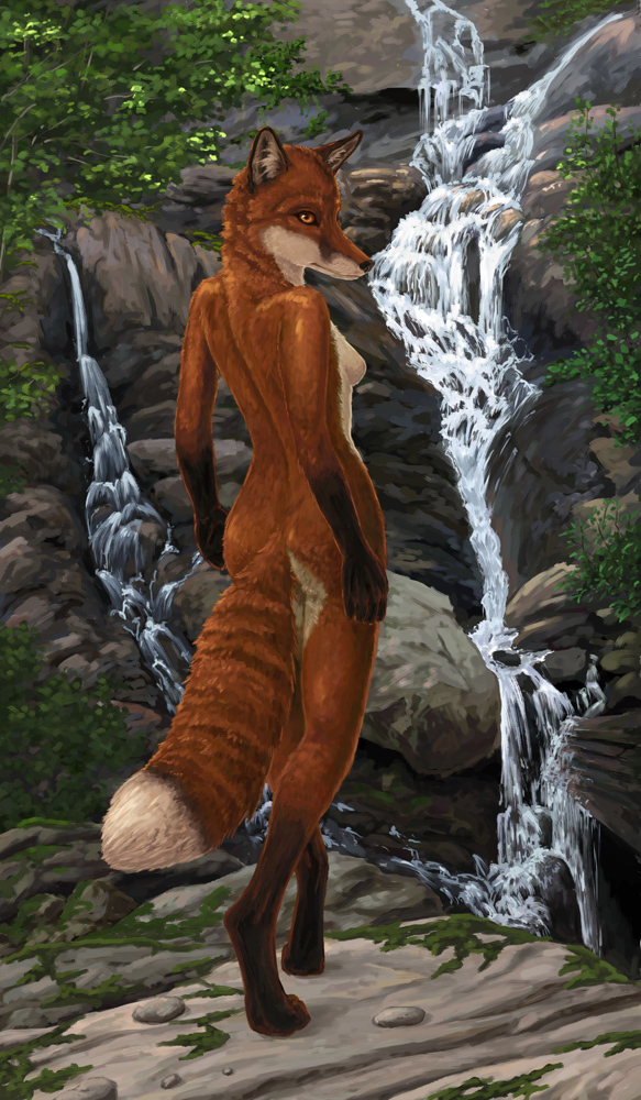 back background breasts brian_edwards butt canine female fox nude outside photorealism side_boob turning waterfall