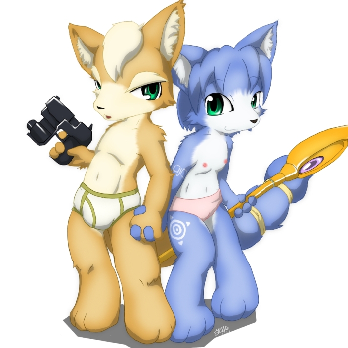 araiguma breasts canine cub female flat_chest fox fox_mccloud green_eyes krystal male panties pistol polearm staff star_fox topless underwear video_games weapon