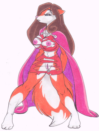 big_breasts breasts brown_hair canine cloak female fox hair natasha_cat nipples pink pussy solo standing tail torn_clothing