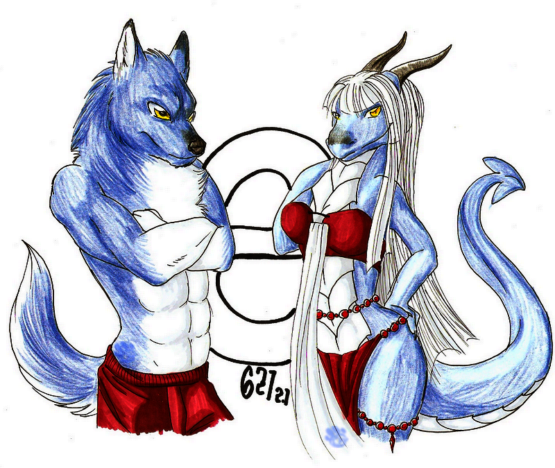 abs blue canine dragon e621 female iko ikorane looking_at_each_other looking_at_viewer male mascot_contest pose scalie white_background wolf yellow_eyes
