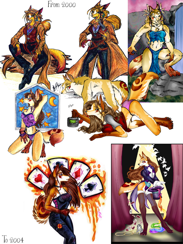 all_fours blue_eyes bodypaint canine cards female fox frisket melissa_o'brien montage pose skimpy solo standing tail
