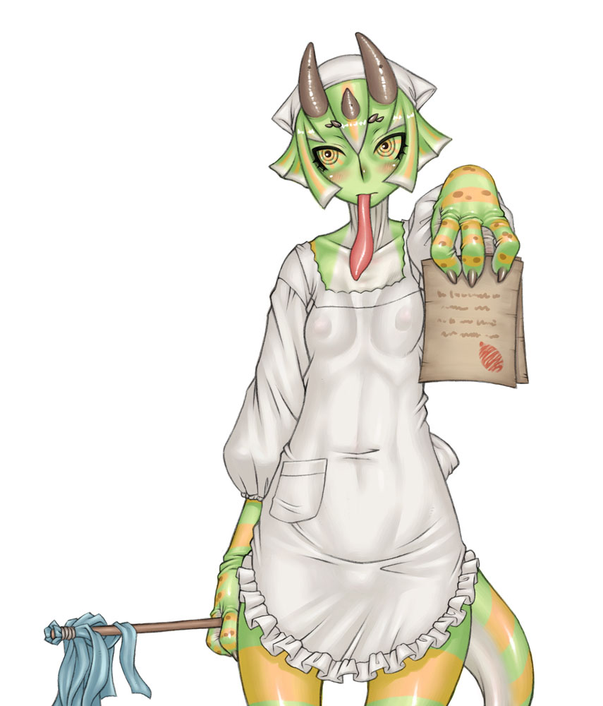 chameleon female fusae horns maid maid_uniform namu_gunsou scalie skimpy solo tongue translucent