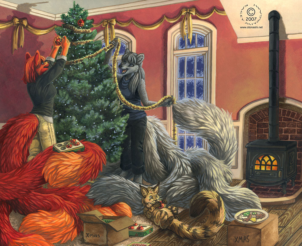 canine christmas_tree couple cute female fox furries_with_pets indoors kacey kitsune molly_fullin multiple_tails pet tail xmas