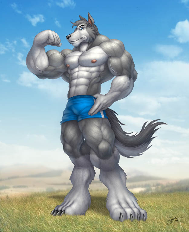 abs barazoku braford canine flex flexing grasslands male muscles pinup pose shorts solo standing tail wolf