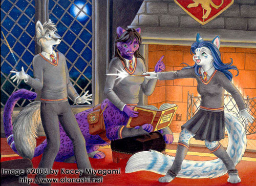 blue_hair book canine feline female hair harry_potter kacey kacey_(character) magic male school_uniform snow_leopard taur wand
