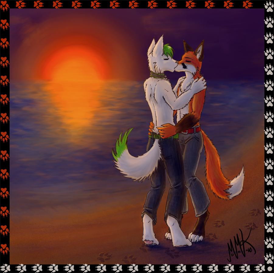 2010 beach canine chest_tuft claws collar cute digitigrade eyes_closed fox framed gay green_hair hair kissing male pawprint paws sea seaside sunset tails topless unknown_artist white