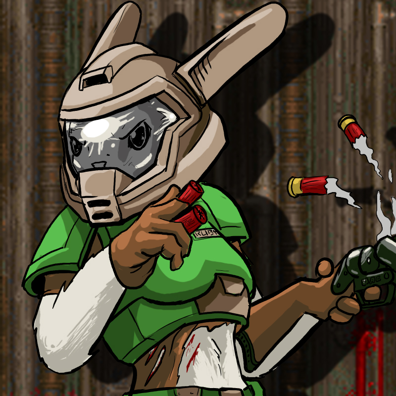 armor blood crossover doom female helmet lagomorph oniontrain rabbit ruby_(rq) ruby_quest shotgun solo space_marine weapon