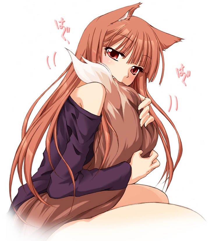 animal_ears bite blush fang female hair horo looking_at_viewer ookami_to_koushinryou solo