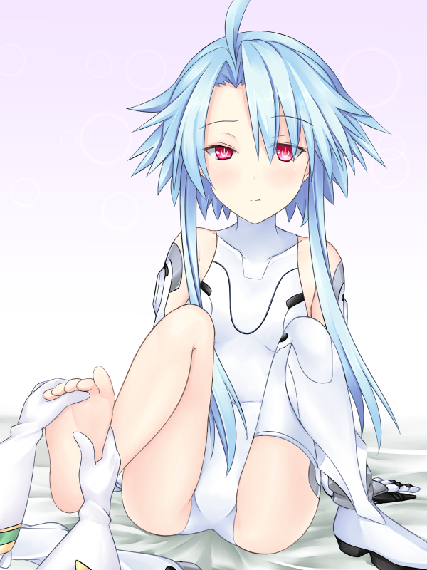 2girls ass bare_legs bare_shoulders barefoot blanc blue_hair choujigen_game_neptune covered_navel elbow_gloves expressionless foot_massage gloves hair_between_eyes hair_over_one_eye joney knees_up legwear_removed leotard looking_at_viewer multiple_girls neptune_(series) power_symbol red_eyes short_hair_with_long_locks single_thigh_boot sitting skin_tight solo_focus spread_legs symbol-shaped_pupils vert white_gloves white_heart white_legwear white_leotard yuri