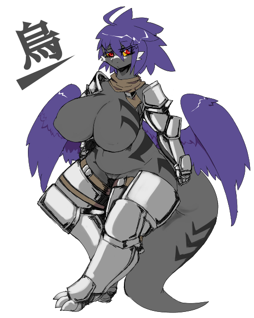 387x5e6a armor bottomless breasts chubby female huge_breasts solo wings