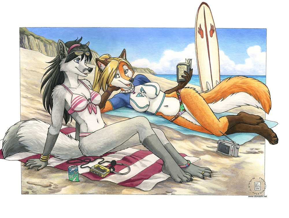 2010 background beach bikini book canine couple day female fox kacey outside panties portable_music_player product_placement radio red_fox seaside skimpy sunglasses surfboard towel underwear