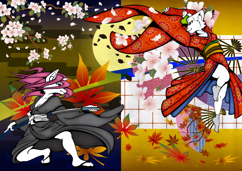 canine cat cherry_blossoms fan feline geta japanese_clothing katana kimono leaf michiyoshi obi purple_hair red_eyes sandals sword teto weapon