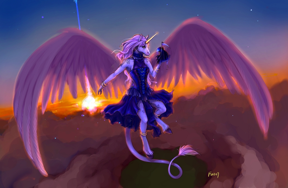 angel_wings death_(personification) death_of_rats dress equine female flying fudchan hooves horns male rat rodent scythe sun sunset unicorn wings