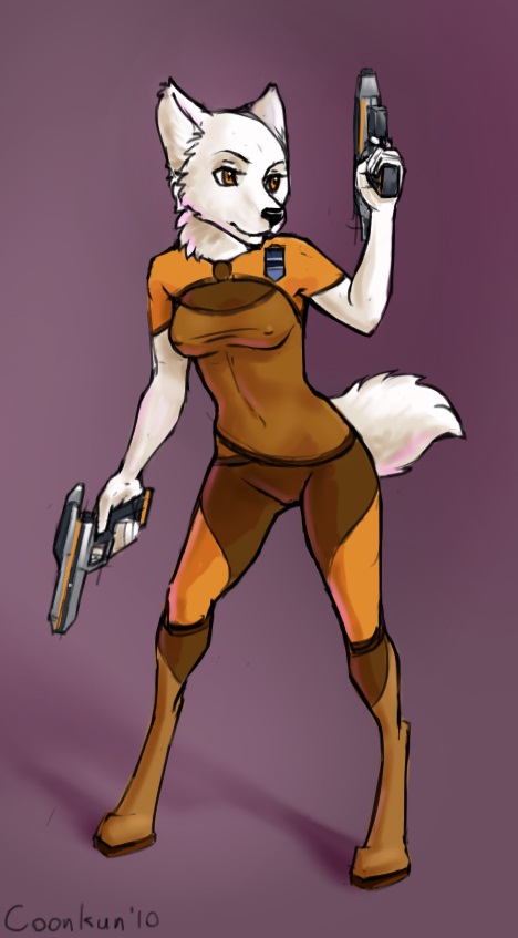 2010 background_gradient bodysuit canine coonkun female for_science! fox futuristic gun skinsuit solo weapon