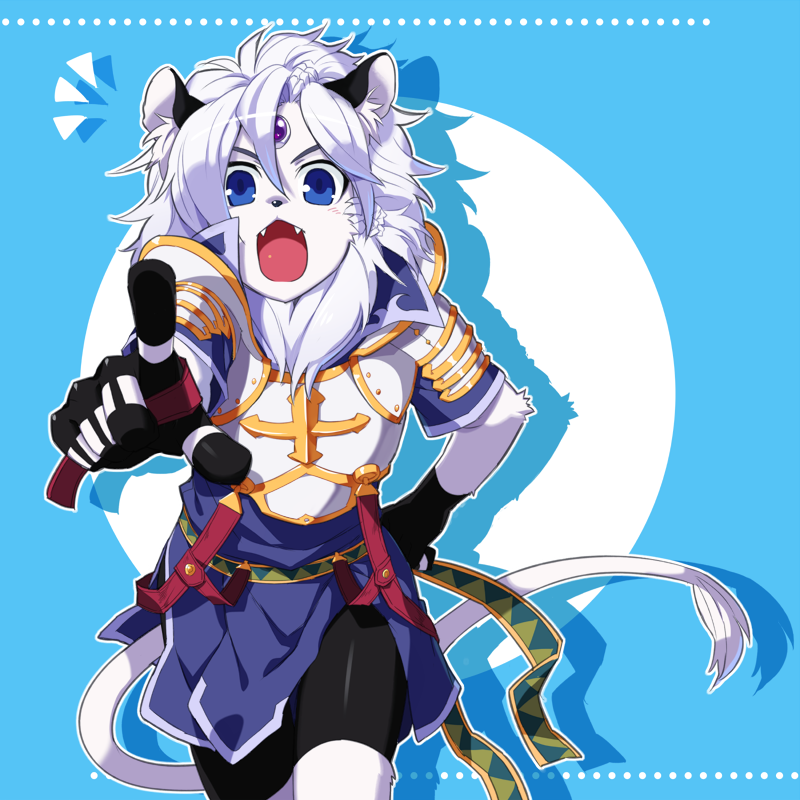 &dagger; armor belt blue_eyes braid crusader feline gloves kemono kyosaku lion male mane objection! pointing purson robe shota tail