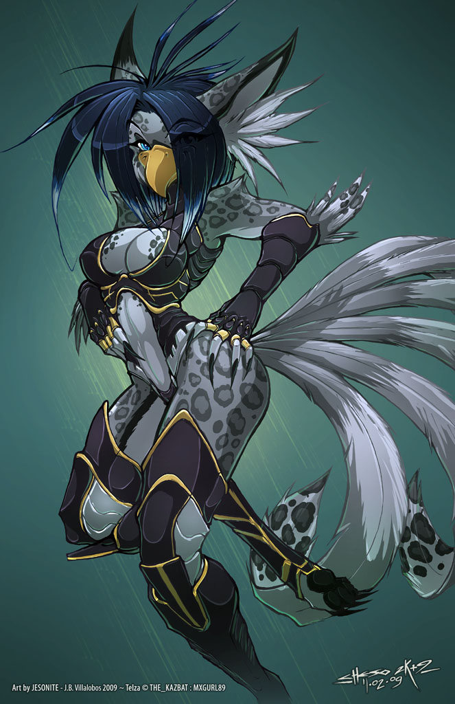 armor avian feline female gryphon hybrid jeso snow_leopard solo telza unconvincing_armour