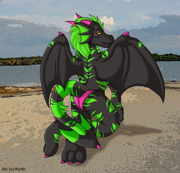 beach bikini chemicaldragon dragon female korth miss_chemical pose scalie seaside skimpy solo topless wings